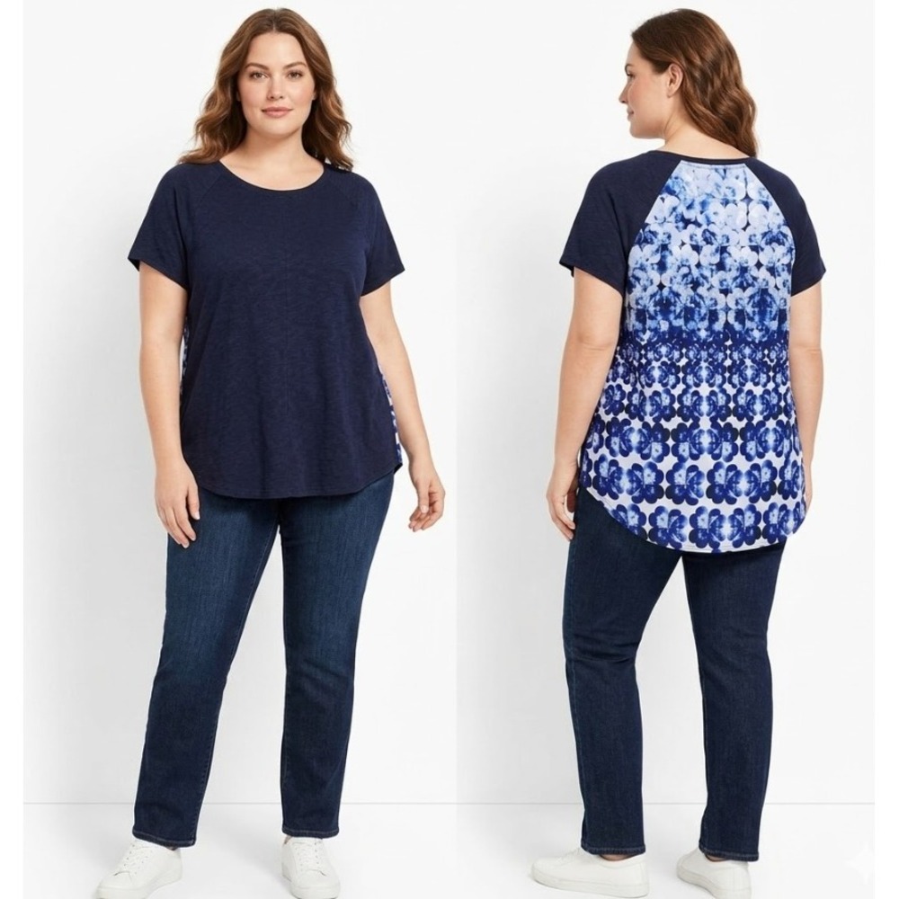 Talbots size XL Navy Front Linen Stretch Soft Comfy‎ Short Sleeve Blouse